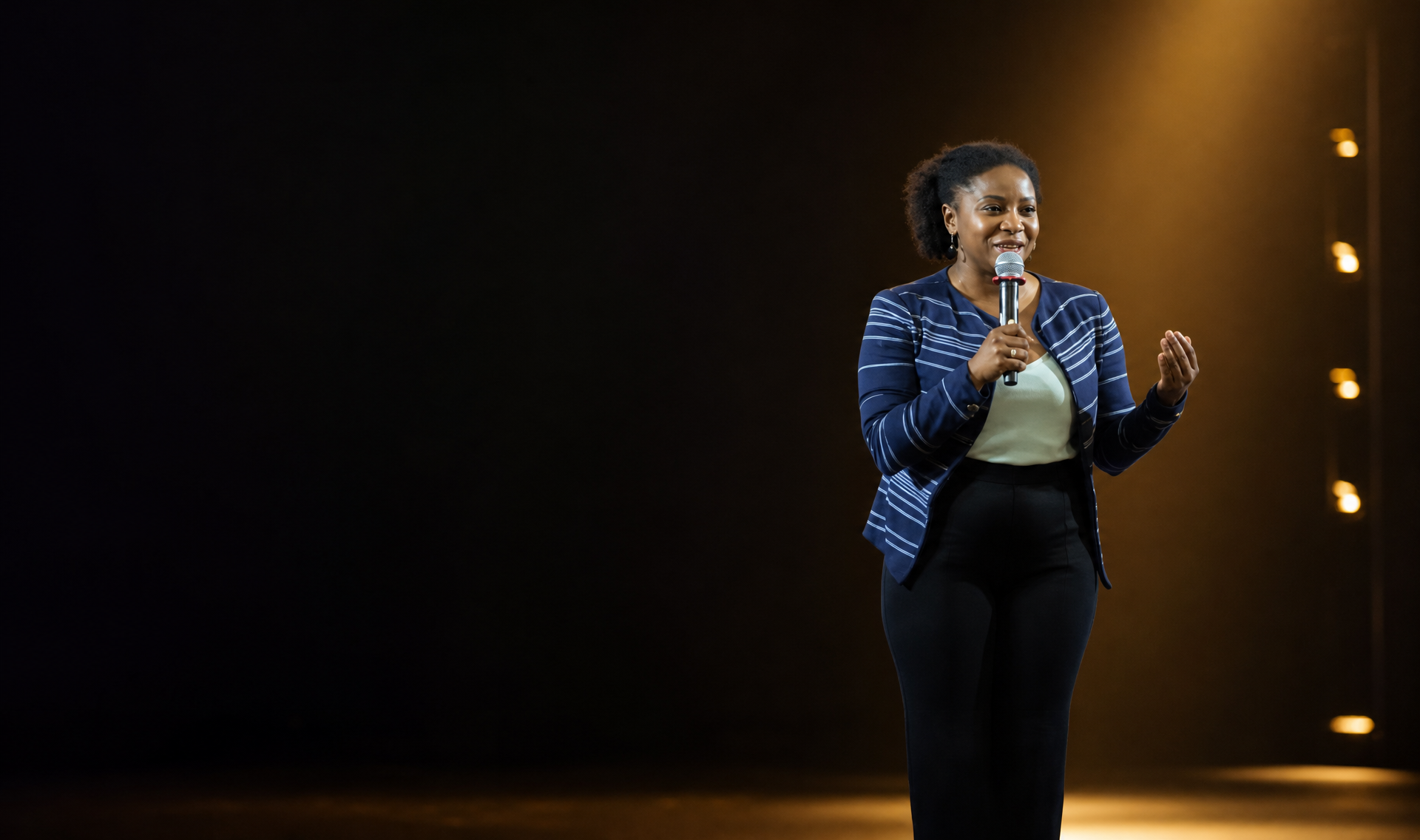Kelli Sweat speaking on stage with a microphone at a conference